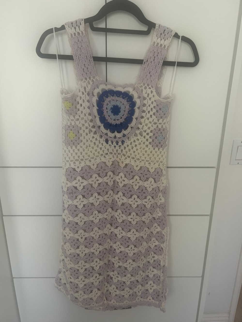 Zara Crochet Tank cover up Dress in Cream and Lavender with Blue Accent